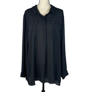Lane Bryant SZ 26/28 Button-Up Top Long Roll-Tab Sleeves Pockets Collared Black